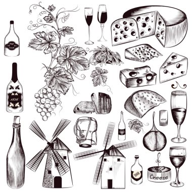 Vektör ayarla vintage dekor elementleri asma ve şarap yapımı, c