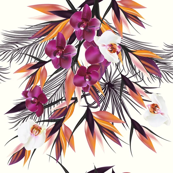 Ilustración sin costura vectorial sobre un tema tropical hojas de palma y — Vector de stock