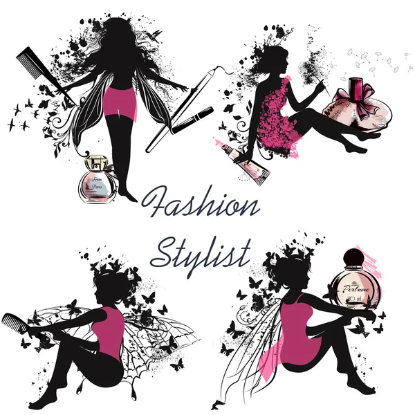 Elegante vectorillustratie met parfum fles en meisje stylist — Stockvector