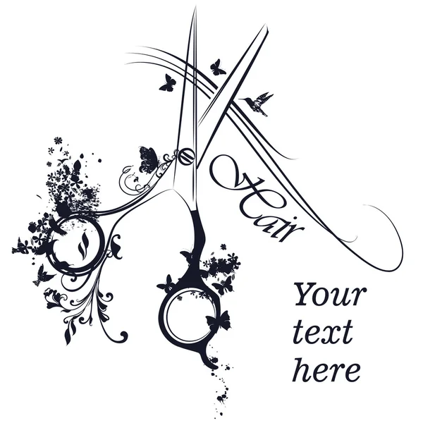 Design do logotipo do vetor ou cartaz de cabeleireiro com scisso estilista — Vetor de Stock