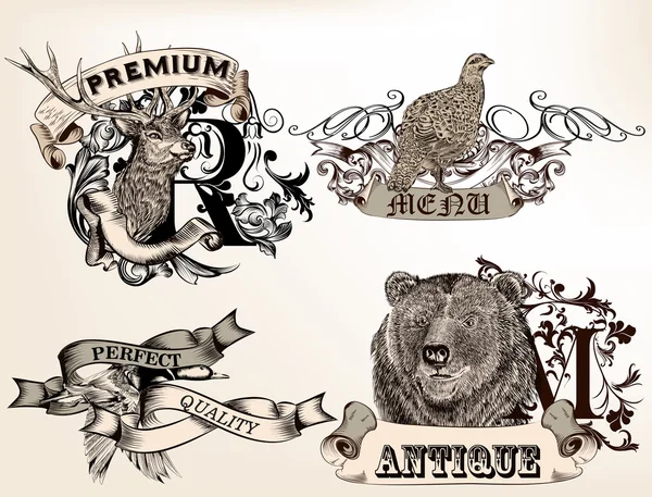 Serie di logotipi vettoriali con animali selvatici disegnati a mano — Vettoriale Stock