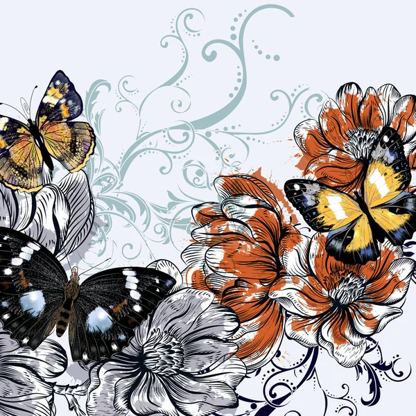 Ilustración vectorial con mariposas vintage y flor de magnolia — Archivo Imágenes Vectoriales