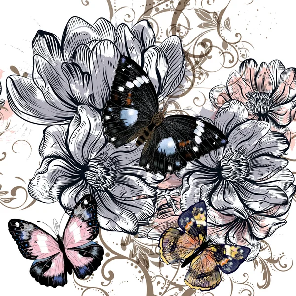 Illustration vectorielle avec papillons vintage et fleur de magnolia — Image vectorielle