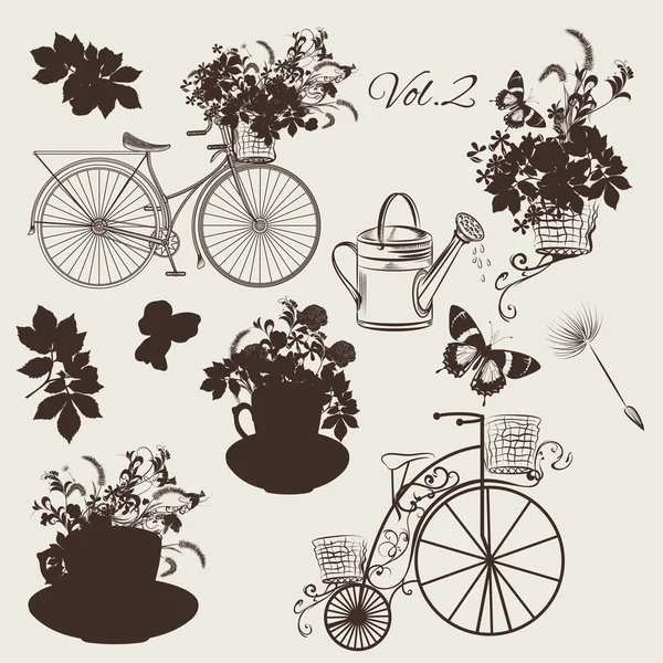 Conjunto de vectores de bicicletas grabadas y flores de jardín para el diseño — Archivo Imágenes Vectoriales