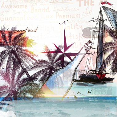 Illustration with ship bottle and palm trees for design. Sea and clipart
