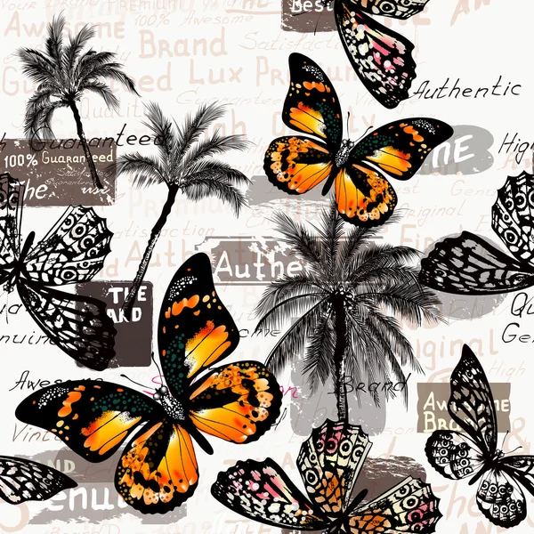 Vektor mönster med fjärilar och palmer för design — Stock vektor