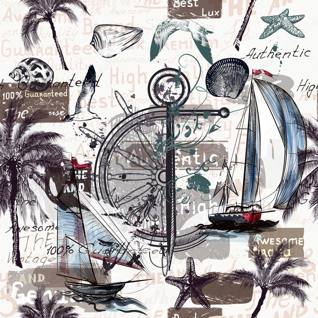 Vector wallpaper pattern with ships shells and palm trees for de