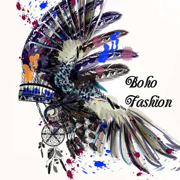 Illustration de mode avec robe de tête indienne et taches d'encre boho s — Image vectorielle