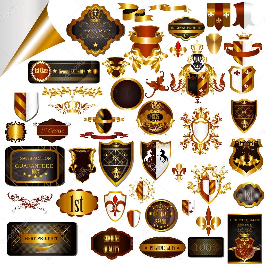 Big collection of vector luxury labels in golden color, vintage style