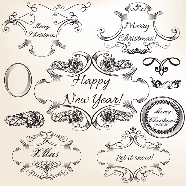 Collection of vector hand drawn flourishes in engraved style — Stock Vector