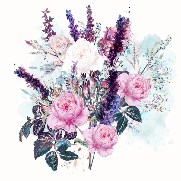 Mooie Vector Roos Lavendel Bloemen Aquarel Stijl — Stockvector