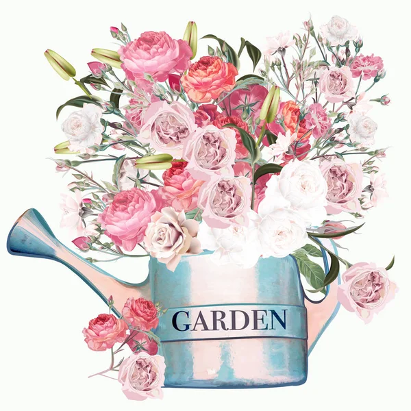 Regadera Azul Jardín Con Rosas Rosadas Blancas Ilustración Vectores Moda — Vector de stock