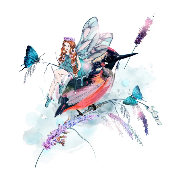 Beautiful Vector Illustration Girl Fairy Butterflies Lavender Flowers Bird — Stock Vector