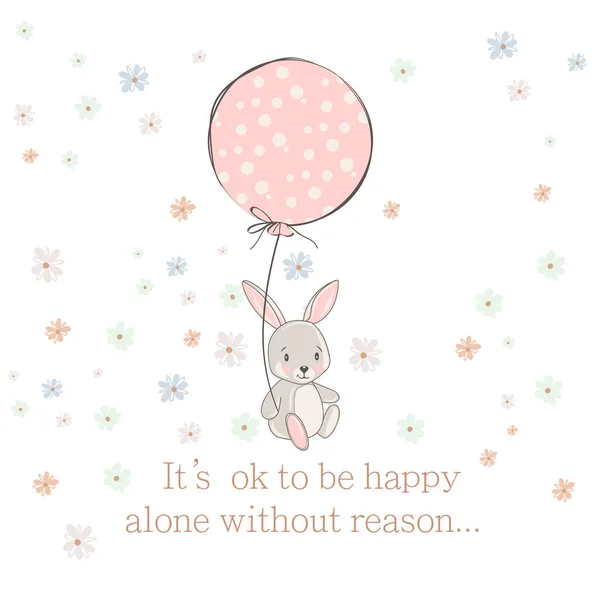 可爱的矢量兔图片说明兔子抱着粉色气球绕着花 — 图库矢量图片