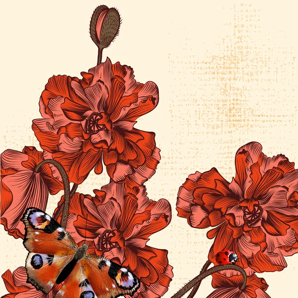 Fondo grunge con flores de amapola dibujadas a mano y mariposa — Archivo Imágenes Vectoriales