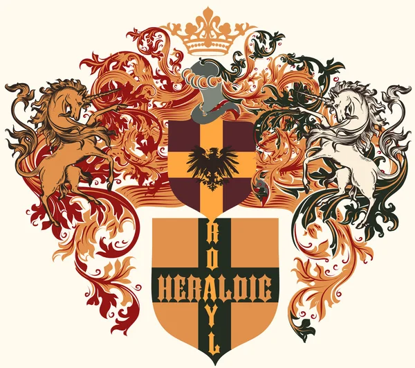 Design héraldique avec armoiries, bouclier et chevaux vintage — Image vectorielle