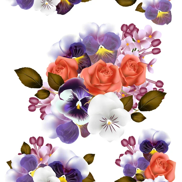 Seamless wallpaper pattern with roses and violets flowers — Stock Vector