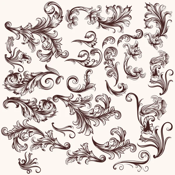 向量集的复古风格的花卉漩涡 — 图库矢量图片
