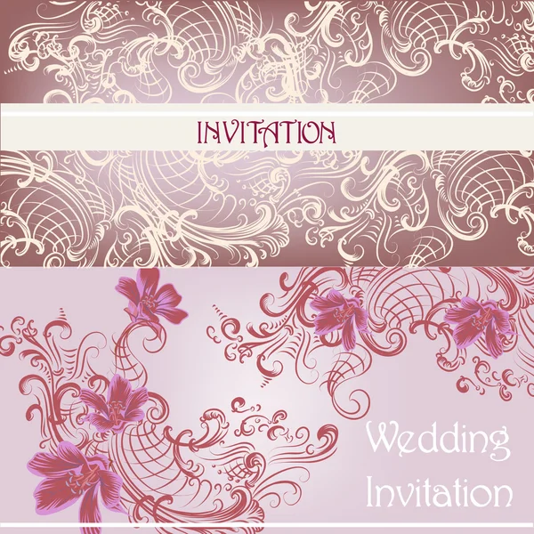 Conjunto de tarjetas de invitación de boda en color púrpura — Vector de stock