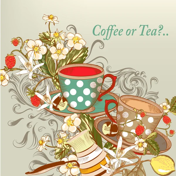 Coffee or tea background with hand drawn cups in vintage style — Stock Vector