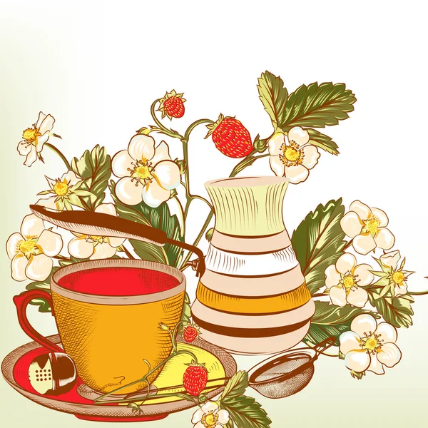 Fundo vetorial bonito com xícara de chá ou café e morango — Vetor de Stock