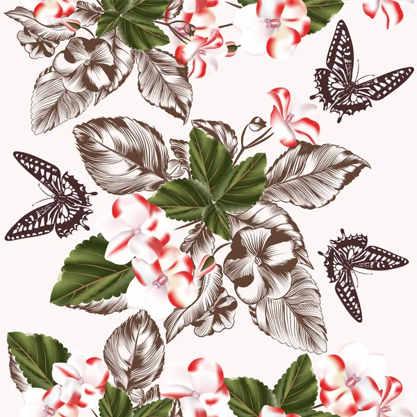 Patrón de fondo de pantalla sin costuras floral con flores y mariposas — Vector de stock