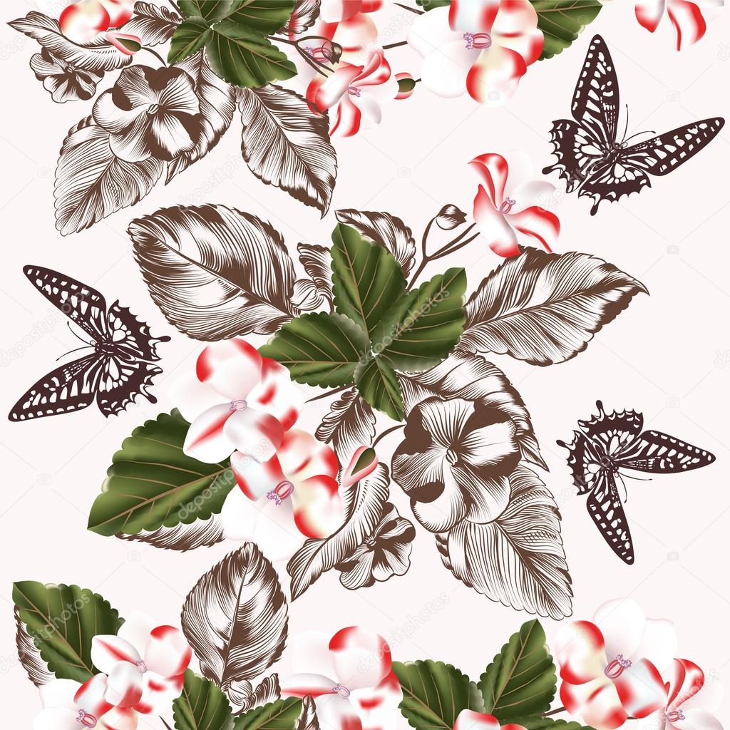 Floral seamless wallpaper pattern with flowers and butterflies