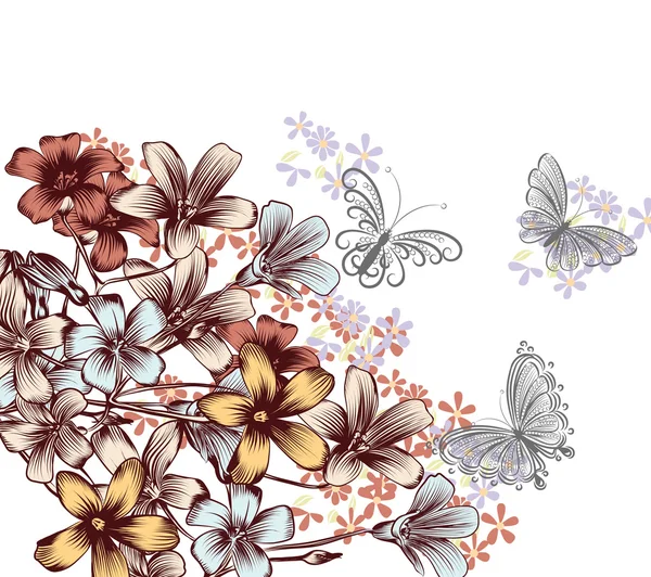 Fond floral avec de jolis papillons et fleurs — Image vectorielle