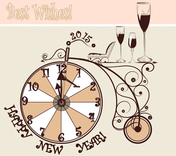 Tarjeta de año nuevo con relojes y bicicleta en estilo vintage — Vector de stock