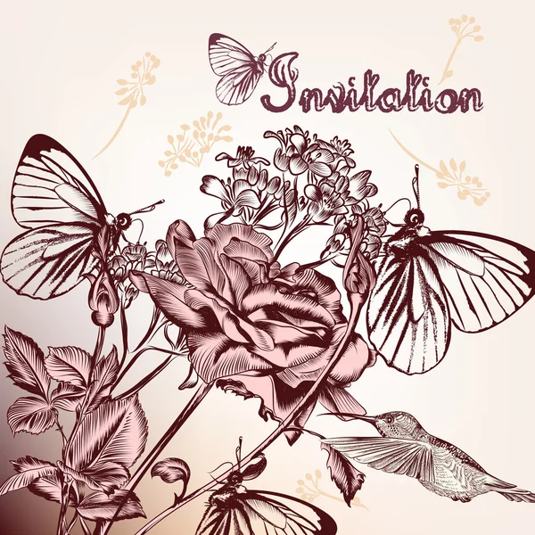 Decoratieve achtergrond met de hand getekende bloemen, vlinders en b — Stockvector