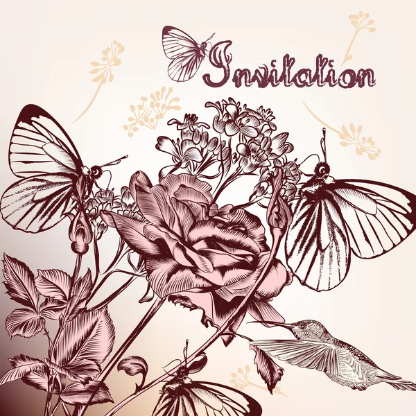 Fondo decorativo con flores dibujadas a mano, mariposas y b — Vector de stock