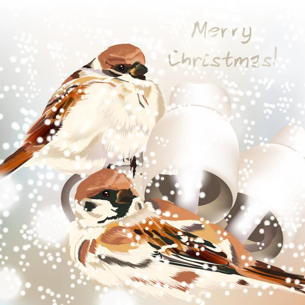 Carte de voeux de Noël avec neige et oiseaux dans un style aquarelle — Image vectorielle