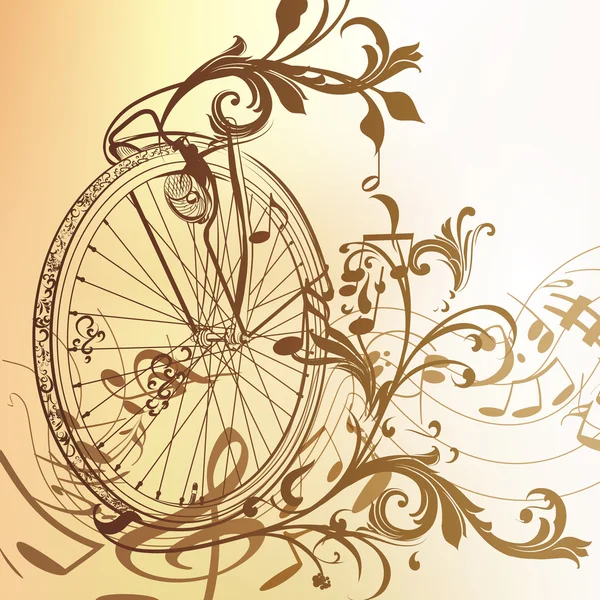 Muziek achtergrond met fiets wiel, notities en wervelingen in vintage st — Stockvector