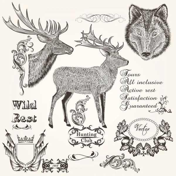 Set von Vektor handgezeichnete Tiere Jagd Saison-Design — Stockvektor