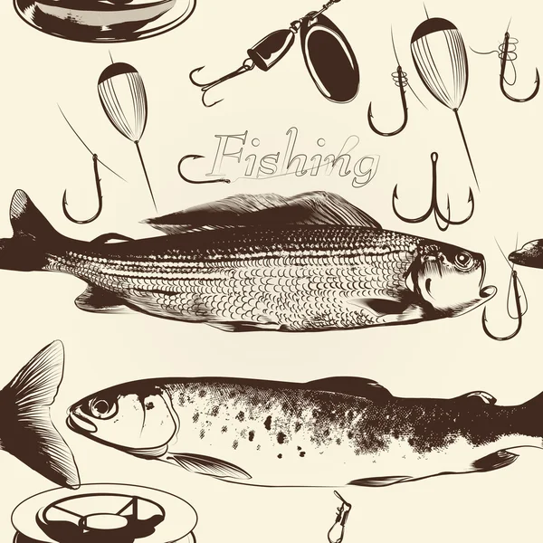Бесшовный рисунок обоев с нарисованной вручную рыбой — стоковый вектор