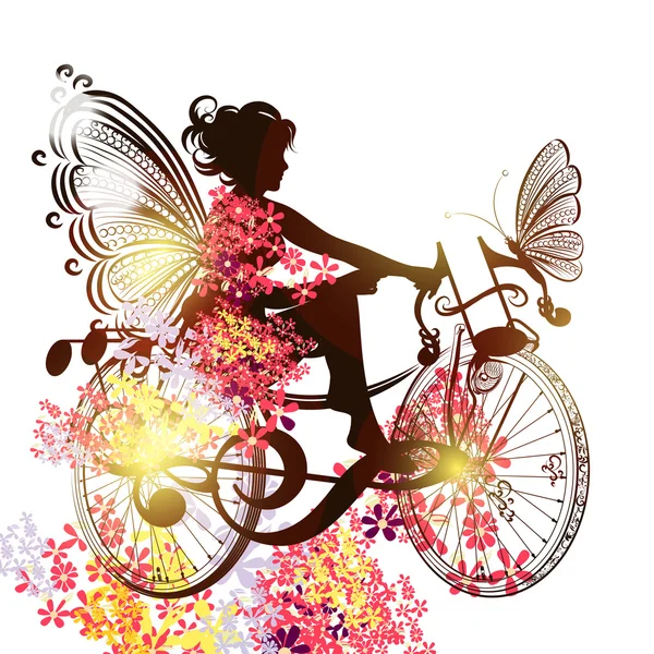 Νεράιδα λουλούδι σε ένα ποδήλατο με το σύμβολο της μουσική έμπνευση — Διανυσματικό Αρχείο