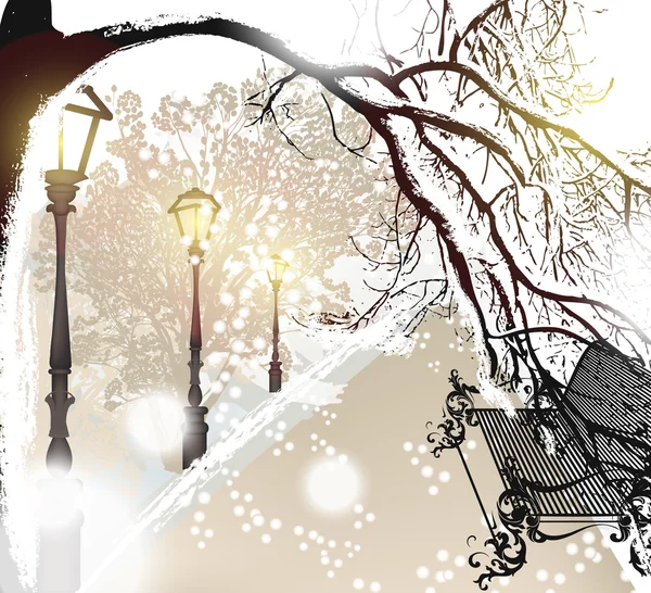 Christmas outdoor scenery with snow, street, lamps and park benc — Stock Vector