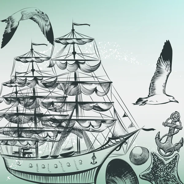 Patrón de mar grabado con barco, conchas y gaviotas en el casco antiguo — Vector de stock