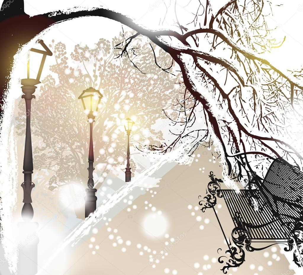 Christmas outdoor scenery with snow, street, lamps and park benc