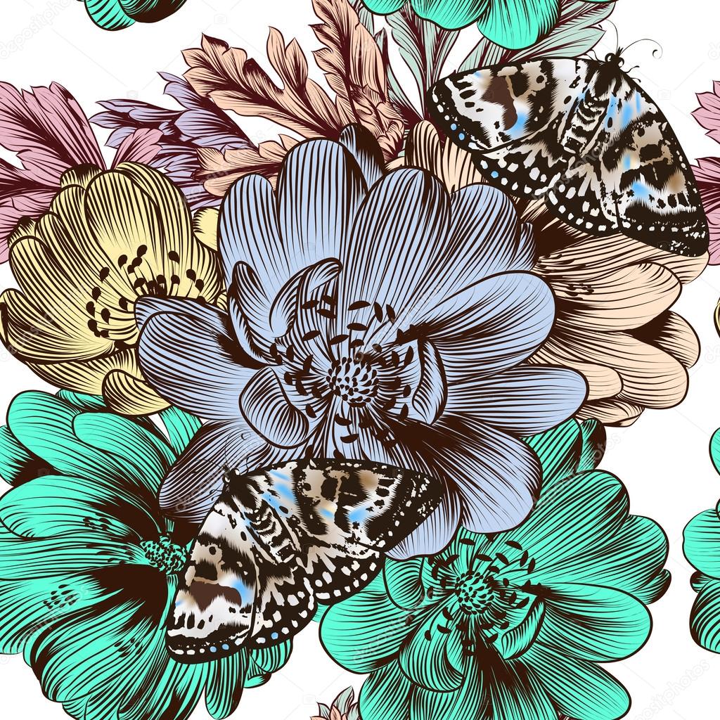 Flower seamless pattern with hand drawn flowers