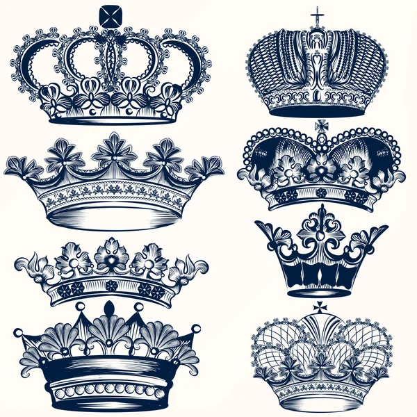 Collection of vector hand drawn crowns in vintage style — Stock Vector