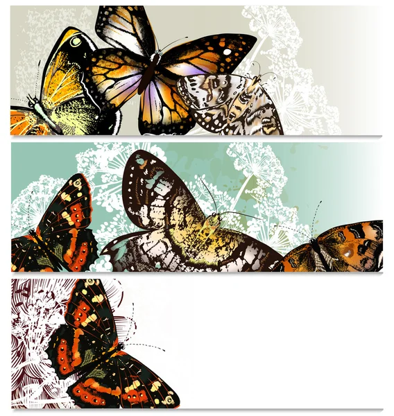 Conjunto de tarjetas florales con mariposas — Vector de stock