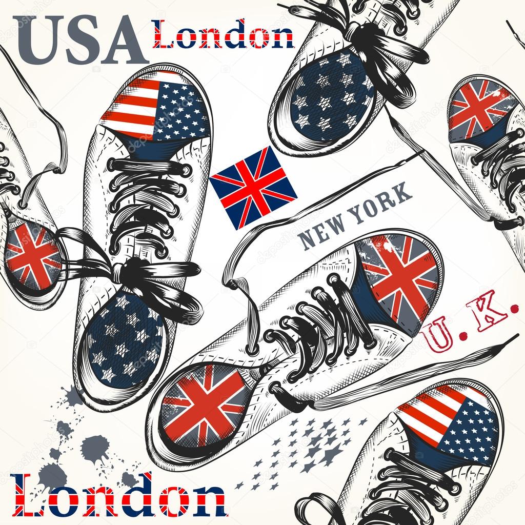 Fashion seamless pattern with sports boots decorated by British 