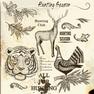 Collection of engraved hand drawn elements hunting season design