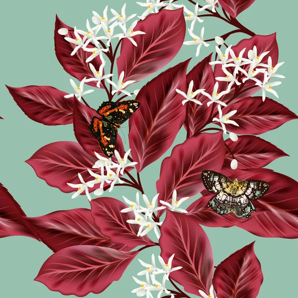 葉の花と赤い花のシームレス パターン — ストックベクタ
