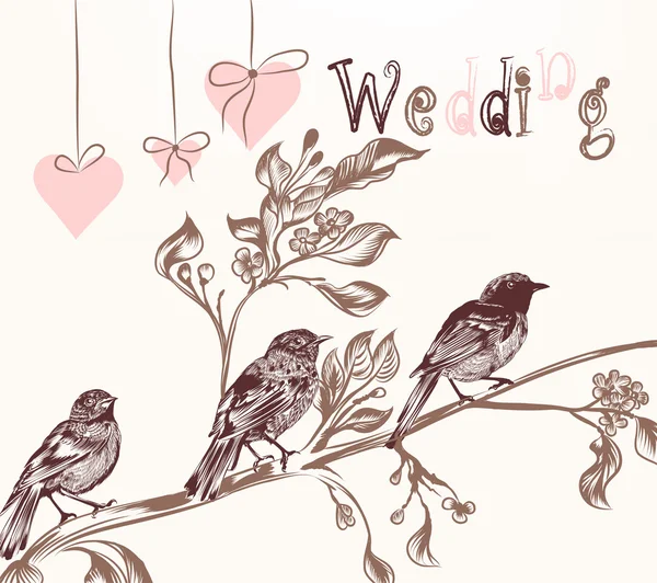 与鸟在婚礼卡的复古风格的插图 — 图库矢量图片
