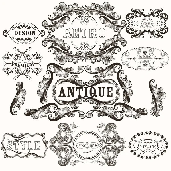 Collection of antique hand drawn frames in baroque style — Stock Vector