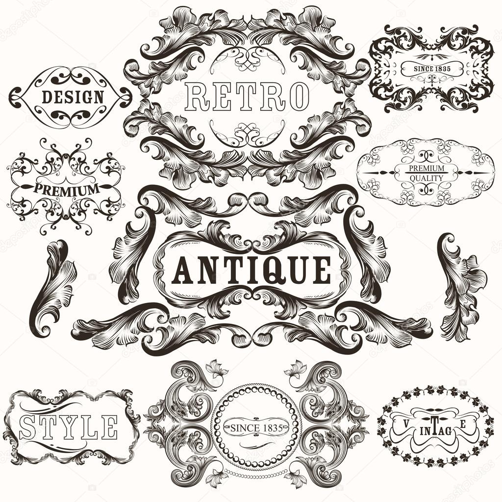 Collection of antique hand drawn frames in baroque style