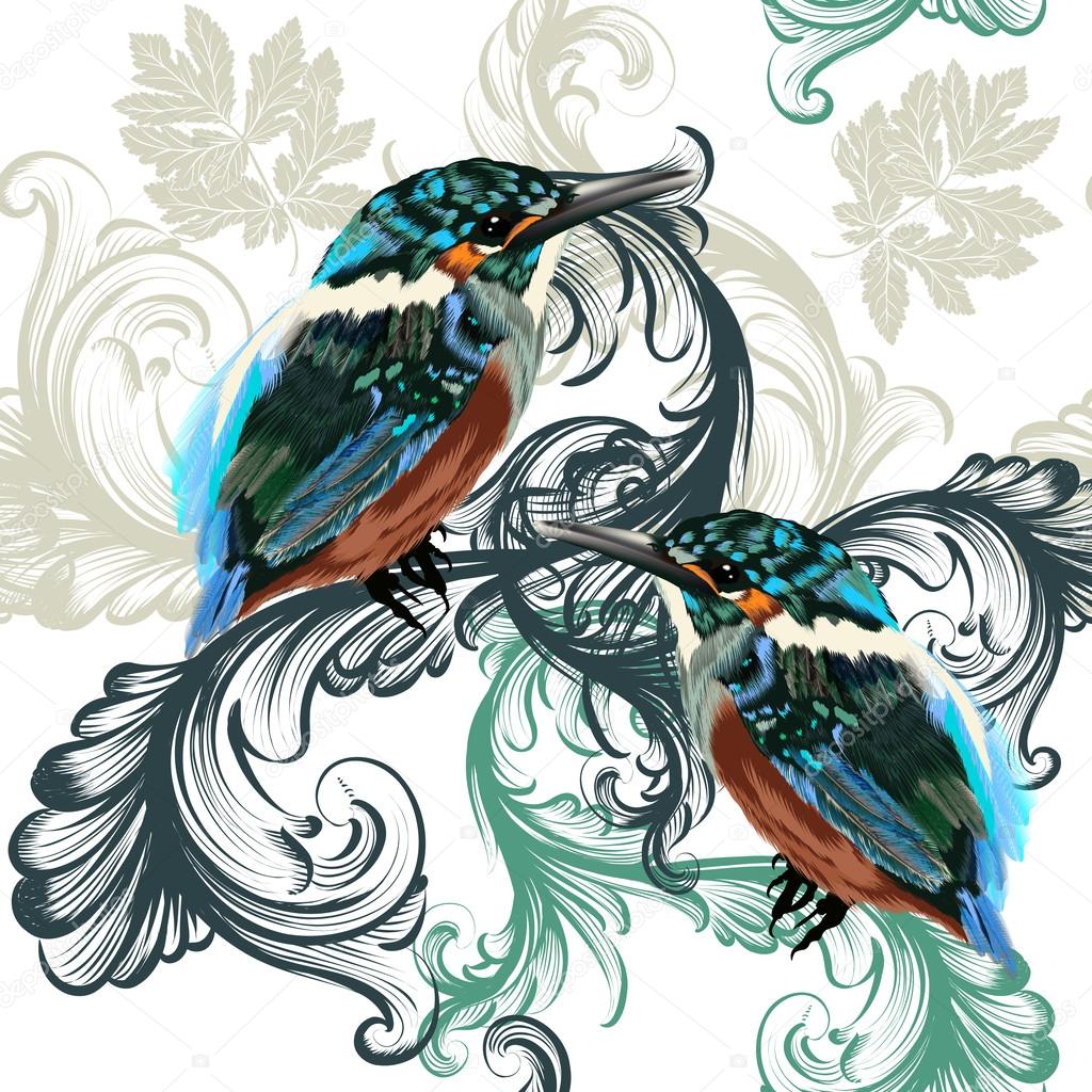 Floral seamless pattern with realistic birds and swirls