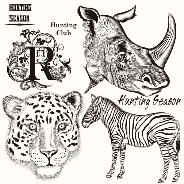 Collection of hand drawn animals for hunting design — Stock Vector